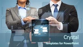  Presentation with black technology - Audience pleasing slide set consisting of business technology and internet concept - businessman and businesswoman with blank black tablet pc screen backdrop and a ocean colored foreground