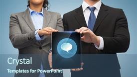  Presentation with black technology - Presentation theme with business technology and internet concept - businessman and businesswoman with blank black tablet pc screen background and a ocean colored foreground