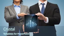  Presentation with black technology - Cool new PPT layouts with business technology and internet concept - businessman and businesswoman with blank black tablet pc screen backdrop and a ocean colored foreground