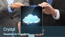  Presentation with cloud technology - Slide set with business technology and internet concept - businessman and businesswoman with cloud on tablet pc screen background and a ocean colored foreground