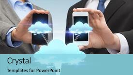  Presentation with black technology - Slide set with business technology and internetconcept - businessman and businesswoman with blank black smartphone screens background and a arctic colored foreground