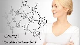 Presentation with business networking - Amazing presentation theme having business technology and networking concept - businesswoman with contact icons on virtual screen backdrop and a light gray colored foreground