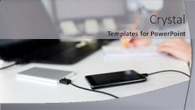  Presentation with powerbank - Colorful PPT theme enhanced with business-technology-and-object-concept backdrop and a light gray colored foreground