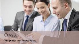  Presentation with team discussion - PPT theme with business technology and office concept - smiling business team with tablet pc computer documents and coffee having discussion in office background and a coral colored foreground