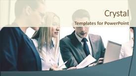  Presentation with team discussion - Slides featuring business technology and office concept background and a cream colored foreground