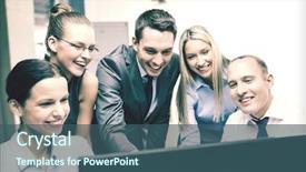  Presentation with team discussion - Slides featuring business technology and office concept - smiling business team with computer monitor having discussion in office background and a ocean colored foreground