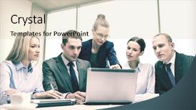  Presentation with team discussion - Cool new presentation theme with business technology and office concept - serious business team with laptop computers documents and coffee having discussion in office backdrop and a soft green colored foreground