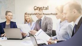  Presentation with team discussion - Colorful slide deck enhanced with business technology and office concept - smiling business team with laptop computers and documents having discussion in office backdrop and a lemonade colored foreground