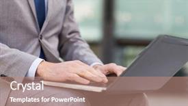  Presentation with man sitting bench - Cool new PPT theme with business technology and people concept - close up of man with laptop computer sitting on bench in city backdrop and a coral colored foreground