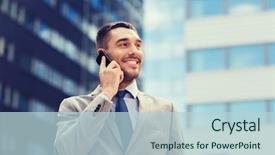  Presentation with people talking - Slide set having business technology and people concept - smiling businessman with smartphone talking over office building background and a lemonade colored foreground