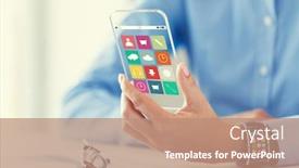  Presentation with transparent screen - Beautiful slide set featuring business technology and people concept - close up of woman hand with application icons on transparent smartphone and smart watch screen backdrop and a coral colored foreground