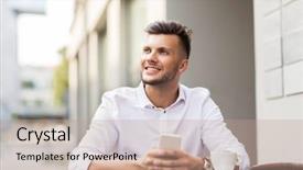  Presentation with people street - PPT theme featuring business technology and people concept - happy young man with smartphone and coffee cup texting at city street cafe background and a coral colored foreground