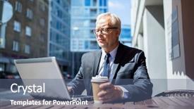  Presentation with people street - Cool new PPT layouts with business technology and people concept - senior businessman with laptop computer drinking coffee at city street cafe backdrop and a ocean colored foreground