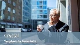  Presentation with people street - Beautiful PPT theme featuring business technology and people concept - senior businessman with laptop computer drinking coffee at city street cafe backdrop and a seafoam green colored foreground