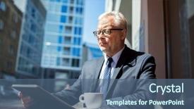  Presentation with people street - Slide set consisting of business technology and people concept - senior businessman with tablet pc computer drinking coffee at city street cafe background and a ocean colored foreground