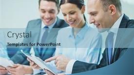  Presentation with team discussion - Amazing PPT theme having business technology and teamwork concept - business team with tablet pc computer having discussion in office backdrop and a light blue colored foreground