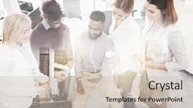  Presentation with people talking - Colorful PPT theme enhanced with business technology break and people concept - happy creative team with tablet pc computer drinking coffee and talking at office over urban double exposure effect backdrop and a soft green colored foreground