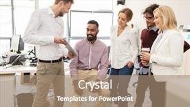  Presentation with people talking - Slide deck consisting of business technology break and people concept - happy creative team with tablet pc computer drinking coffee and talking at office background and a coral colored foreground