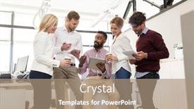  Presentation with people talking - Slides with business technology break and people concept - happy creative team with tablet pc computer drinking coffee and talking at office background and a coral colored foreground