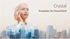  Presentation with people talking - Beautiful slide deck featuring business technology communication and people concept - serious businesswoman with smartphone talking over city background backdrop and a sky blue colored foreground