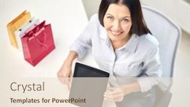  Presentation with business-communication - Slide set featuring business technology communication and people concept - close up of woman with tablet pc computer at office or home background and a lemonade colored foreground