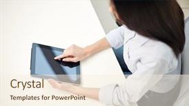  Presentation with home office - PPT theme featuring business technology communication and people concept - close up of woman with tablet pc computer at office or home background and a cream colored foreground