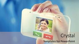  Presentation with transparent screen - PPT theme consisting of business technology communication and people concept - close up of woman hand holding and showing incoming call on transparent smartphone screen background and a soft green colored foreground