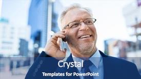  Presentation with business communication - Slides featuring business technology communication and people concept - happy smiling senior businessman calling on smartphone in city background and a ocean colored foreground