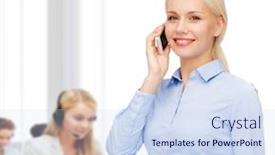  Presentation with education technology - Presentation theme consisting of business technology education and people concept - smiling young businesswoman with smartphone making call in office background and a sky blue colored foreground