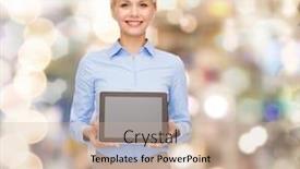  Presentation with black technology - PPT theme enhanced with business technology internet and advertisement concept - smiling businesswoman with blank black tablet pc computer screen background and a soft green colored foreground