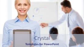  Presentation with black technology - Slides consisting of business technology internet and advertisement concept - smiling businesswoman with blank black tablet pc computer screen background and a sky blue colored foreground