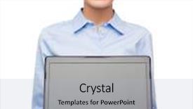  Presentation with laptop blank screen - Slide deck featuring smiling businesswoman with laptop blank background and a light gray colored foreground