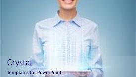  Presentation with education technology - Cool new slide deck with business technology internet and education concept - friendly young smiling businesswoman with blank tablet computer screen backdrop and a sky blue colored foreground