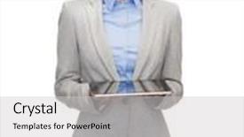  Presentation with education technology - Theme having business technology internet and education concept - friendly young smiling businesswoman with blank tablet computer screen background and a light gray colored foreground