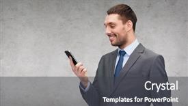  Presentation with technology education - Theme consisting of business technology internet and education concept - friendly young smiling businessman with smartphone background and a dark gray colored foreground