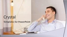  Presentation with hotel technology - Beautiful slides featuring business technology internet and hotel concept - happy businessman with phone and tablet pc computer lying in hotel in bed backdrop and a lemonade colored foreground