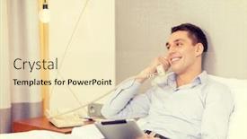  Presentation with hotel technology - Slide deck enhanced with business technology internet and hotel concept - happy businessman with phone and tablet pc computer lying in hotel in bed background and a lemonade colored foreground