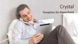  Presentation with hotel technology - Beautiful PPT theme featuring business technology internet and hotel concept - happy businessman with phone and tablet pc computer lying in hotel in bed backdrop and a light gray colored foreground