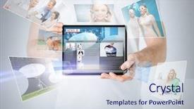  Presentation with news - Colorful slide set enhanced with young happy businessman in elegant suit drawing funny hat and mustache in empty grey space with a chalk illustration concept backdrop and a dark gray colored foreground