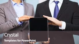  Presentation with black-technology - Slide deck consisting of business technology internet and office concept - businessman and businesswoman with blank black tablet pc screen in office background and a gray colored foreground