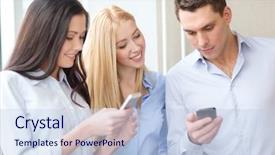  Presentation with smartphones - Presentation design enhanced with business technology internet and office concept - smiling business team with smartphones in office background and a light blue colored foreground