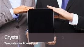  Presentation with black technology - Presentation design featuring business technology internet and office concept - businessman and businesswoman with blank black tablet pc screen in office background and a gray colored foreground