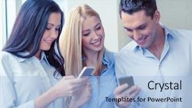  Presentation with smartphones - Slides enhanced with business technology internet and office concept - smiling business team with smartphones in office background and a light blue colored foreground