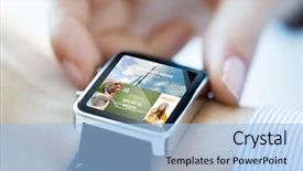  Presentation with electronic watch - Colorful presentation design enhanced with business technology mass media backdrop and a light blue colored foreground