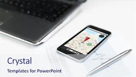  Presentation with gps - Theme enhanced with business technology navigation and location concept - close up of smartphone with gps navigator map on screen laptop computer and pen on office table background and a sky blue colored foreground