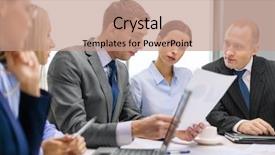  Presentation with team discussion - Audience pleasing presentation design consisting of business technology and office concept backdrop and a coral colored foreground