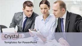  Presentation with team discussion - Presentation enhanced with business technology and office concept background and a light blue colored foreground