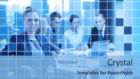  Presentation with blue business - Cool new slide set with team at office over blue backdrop and a light blue colored foreground