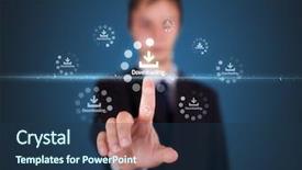  Presentation with high tech - Theme enhanced with business technology software - businessman pressing high tech type background and a ocean colored foreground