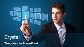  Presentation with modern tech - Beautiful slide deck featuring business technology software - businessman pressing high tech type backdrop and a ocean colored foreground